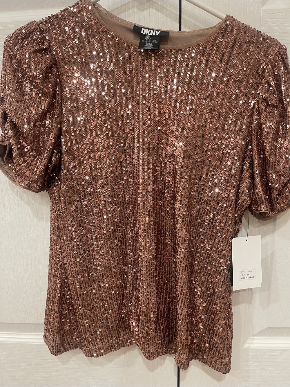 DKNY Bronzed Gold Sequin Puff Sleeve Tee